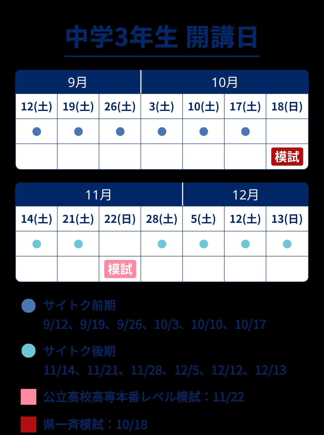 中学3年生 開講日一覧。9月・10月・11月・12月の開講日程。