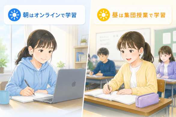 朝はオンライン学習・昼は集団授業