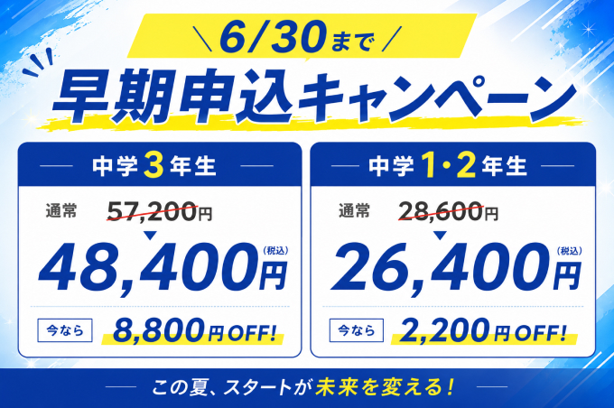 6/30まで 早期申込キャンペーン｜中学3年生 48,400円(8,800円OFF) / 中学1・2年生 26,400円(2,200円OFF) この夏、スタートが未来を変える！