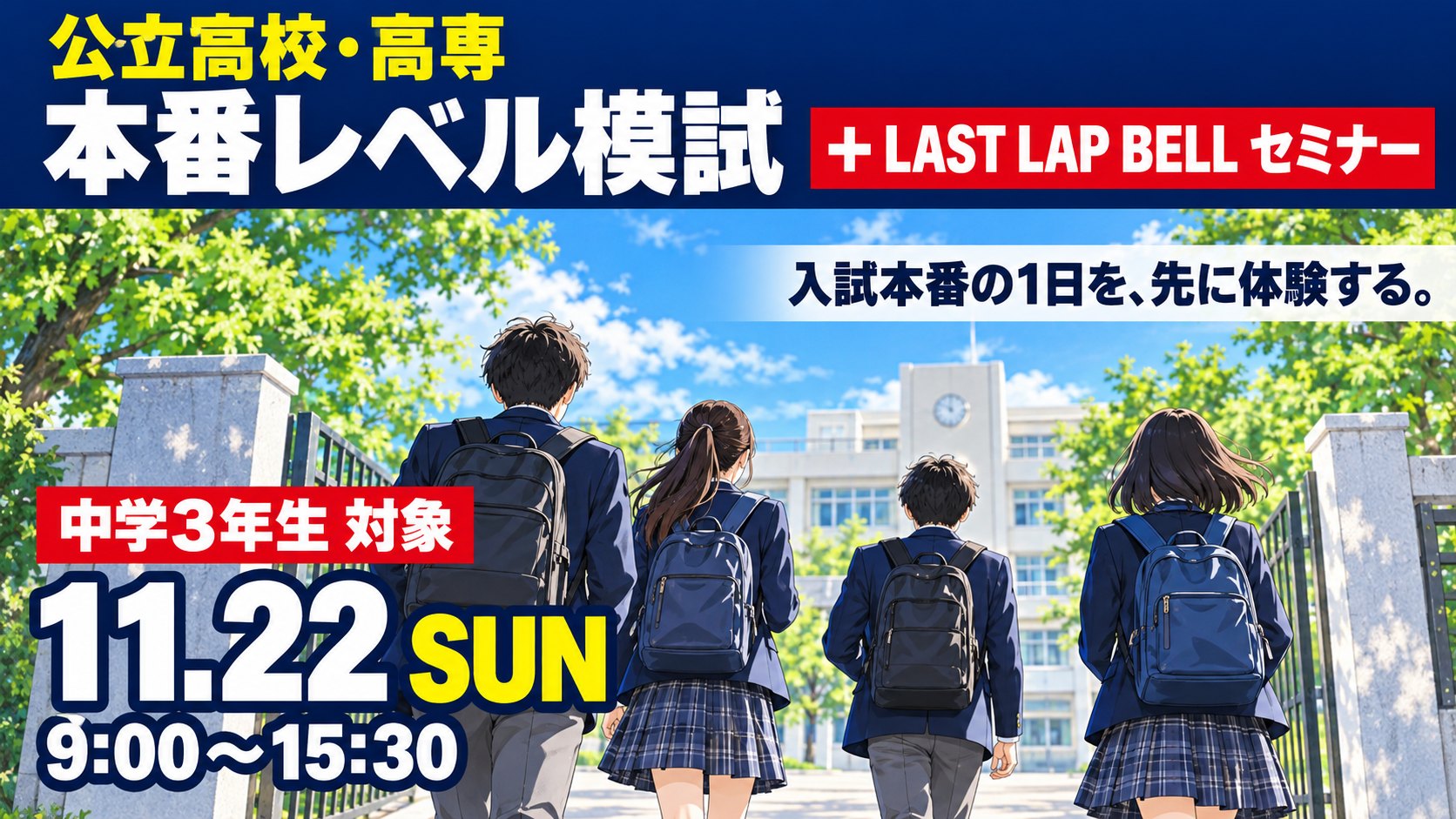 公立高校・高専 本番レベル模試＋LAST LAP BELL セミナー 11月22日（日）中学3年生対象